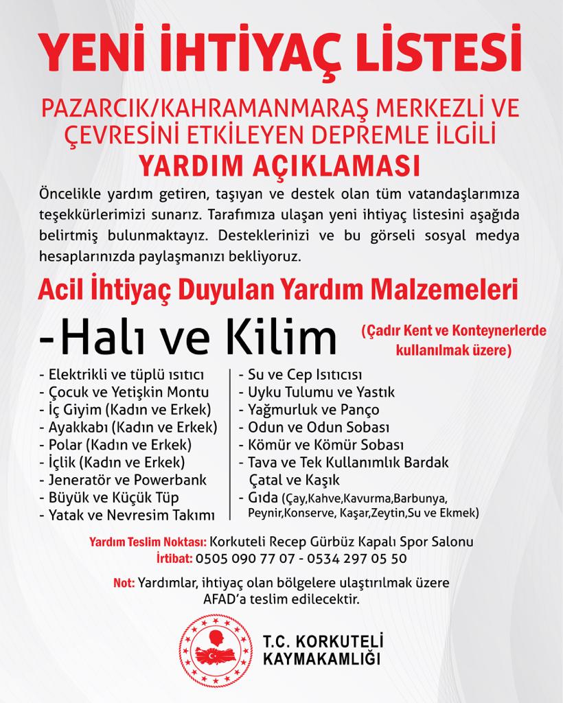 Pazarcık/Kahramanmaraş Merkezli ve Çevresini Etkileyen Depremle İlgili Yardım Kampanyası korkuteli.gov.tr/pazarcikkahram…