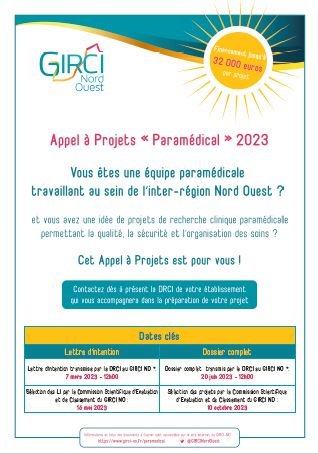 📣Lancement de la campagne de l'appel à projets "#Recherche #Paramédicale" 2023 du #GIRCI Nord-Ouest ! 
🗓️Dépôt des lettres d'intention en ligne : jusqu'au 07/03/2023 - 12h00
Toutes les infos : girci-no.fr/paramedical