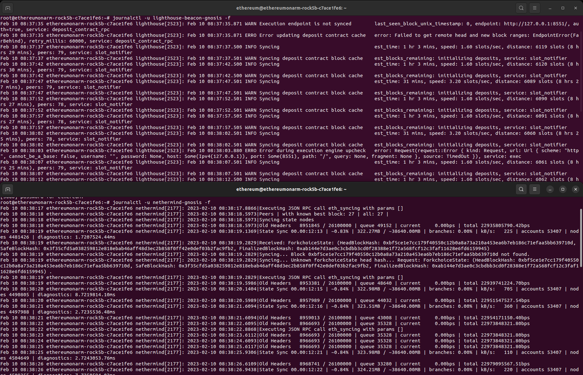 EthereumOnARM's tweet photo. This is @gnosischain syncing on an ARM64 Rock 5B board running @nethermind and @sigp_io Lighthouse. To try it update to the latest clients and run:

sudo systemctl start nethermind-gnosis
sudo systemctl start lighthouse-beacon-gnosis

Logs on journalctl. https://t.co/ufhqdoGtxP