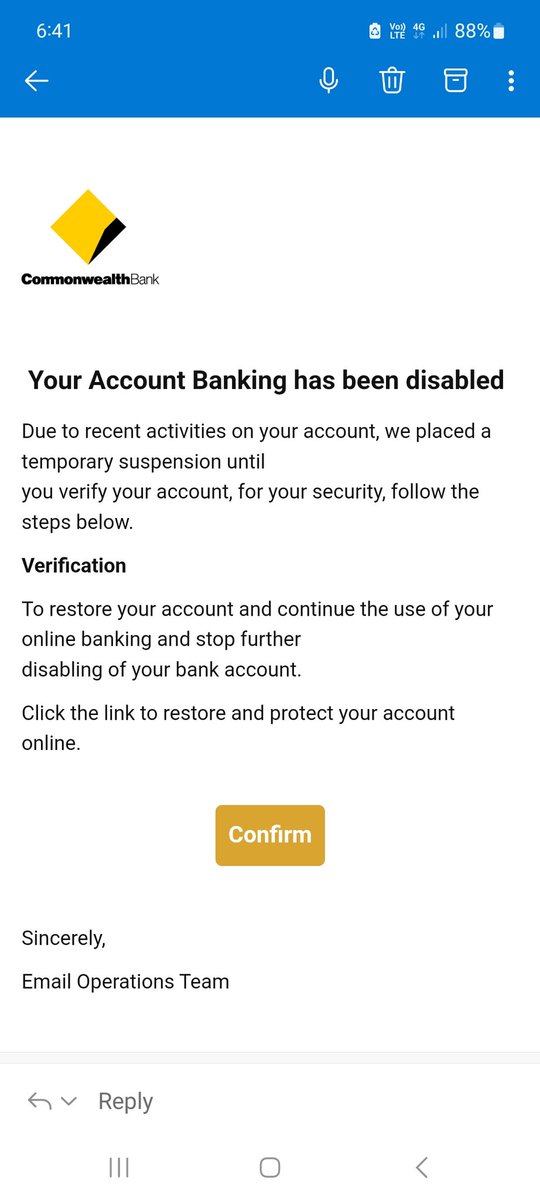 Turner_JasonC's tweet image. Greetings @CommBank 

I believe an attempt has been made to scam me.

Received an email this afternoon telling me my account has been disabled.

See attached.

Thanks.

cc @acccgovau 

#CommonwealthBank #EmailScam