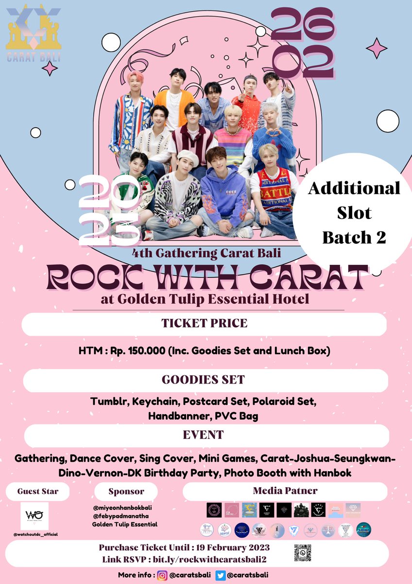CARATSBALI's tweet photo. Carats Bali Proudly Present : 

4th Gathering Carats Bali
✨ 𝐑𝐨𝐜𝐤 𝐖𝐢𝐭𝐡 𝐂𝐚𝐫𝐚𝐭 ✨

ADDITIONAL SLOT!

📍 Golden Tulip Essential Hotel
🗓 Sunday, February 26th 2023
🕒 13.00 - 18.00 PM

CLOSE PAYMENT : 19 February 2023

Link reservation : https://t.co/Qih81Td4Jg… https://t.co/ctditETInh