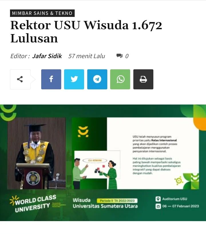 Universitas Sumatera Utara (USU) mewisuda 1.672 lulusan periode II Tahun Akademik 2022/2023, Selasa (7/2/2023) melalui video streaming Youtube.

Selengkapnya : instagram.com/p/CoZX8TVLsFY/…