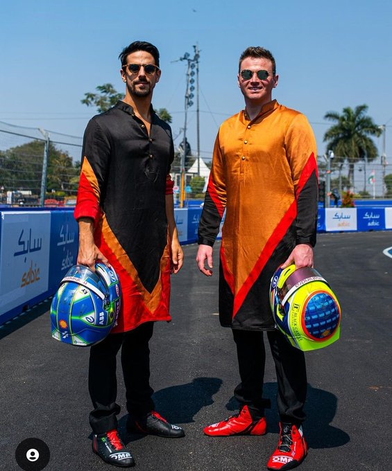 FormulaE: Riders of  #MahindraRacing #OliverRowland, and  #LucasDiGrassi dress up in desi style, ahead of the race in #Hyderabad