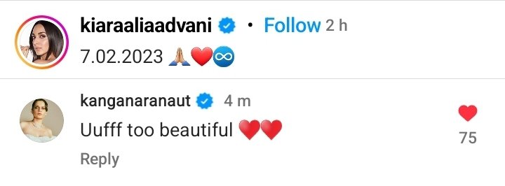 KR_Insta2's tweet photo. Kangana Ranaut commented on #SidKiara's insta reel : "Uufff too beautiful ❤❤."
#SidharthMalhotra #KiaraSidharthwedding #KanganaRanaut #KanganaRanaut𓃵 https://t.co/oVa9gPOrz0