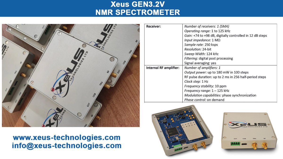 This Pulse-and-Acquire NMR Spectrometer is ideal for low-field (LF) NMR polarimetry and other applications. This same unit is used in our Polarimetry Station and Xenon Polarizer and can be used with our RF Coil.   
Info: xeus-technologies.com/nmr