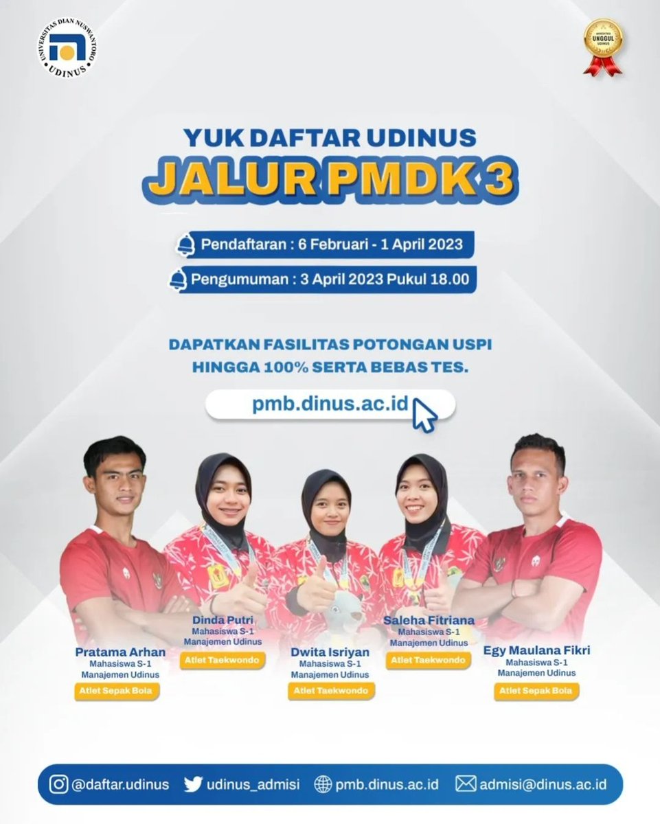 Halo calon Dinusian 👋 Jalur PMDK 3 udah dibuka nih,  yuk save the date dan jangan sampe ketinggalan 😊