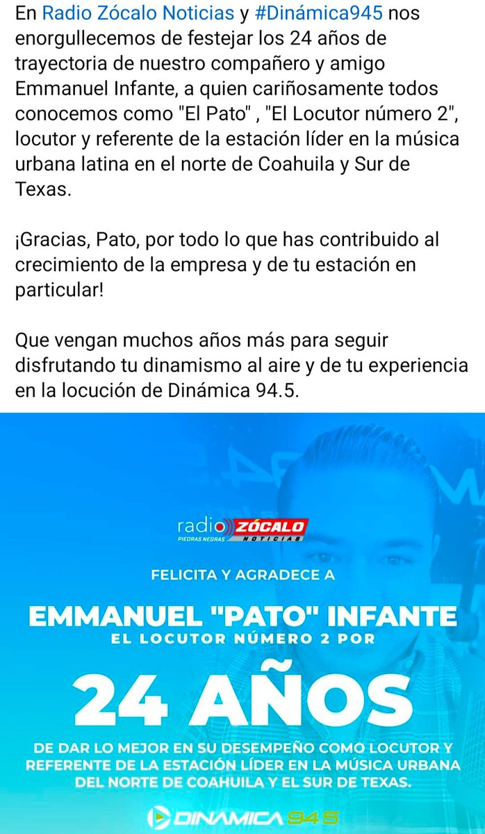 elshowdelpato's tweet photo. Feliz por mis primeros 24 años en @Dinamica945  @Radio_Zocalo y @STIRTTnacional 
Gracias por su apoyo!! https://t.co/CpiQGeudHH