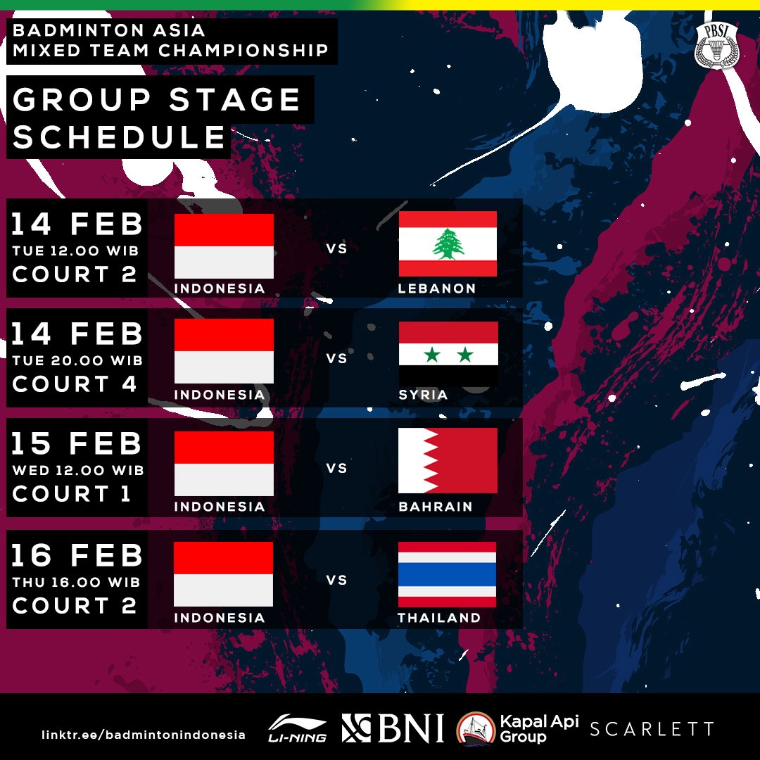 INABadminton's tweet photo. Tim Indonesia akan memulai perjuangan di Kejuaraan Asia Beregu Campuran dengan melawan Lebanon dan Suriah tanggal 14 Februari nanti.

Berikut jadwal lengkap pertandingan-pertandingannya di grup C.

#BAMTC2023 https://t.co/uJonoxILmj