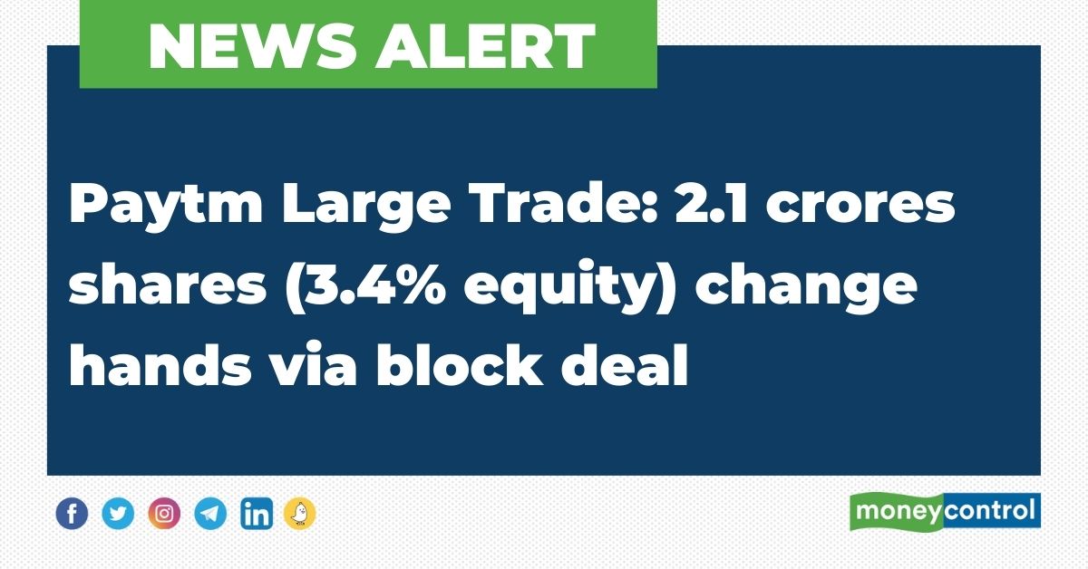 moneycontrolcom's tweet photo. #NewsAlert 🚨 #Paytm Large Trade: 2.1 crores shares change hands via block deal, reported CNBC-TV18.

#PaytmBlockDeal #StockMarket https://t.co/dsuIdDq0A6