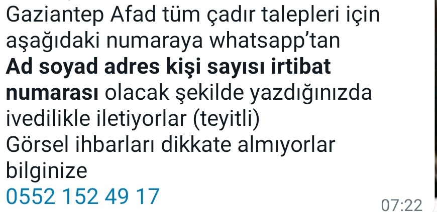💥ÖNEMLİ💥
#Gaziantep'te çadır ihtiyacı olanlara görseldeki numarayı ulaştıralım lütfen.
#deprem