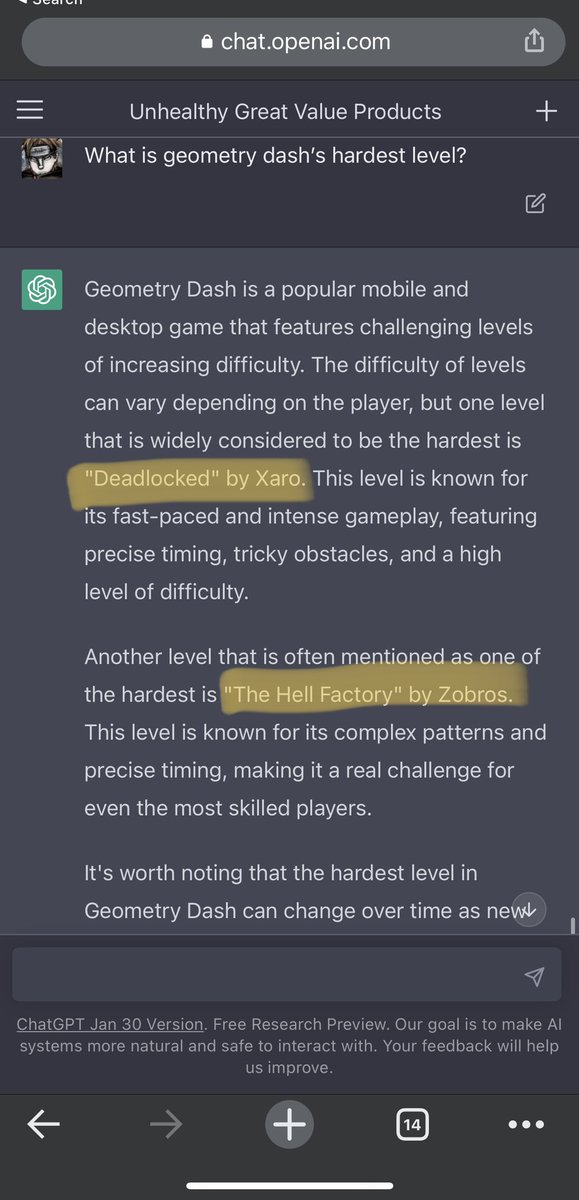 GuardianRoyal12's tweet photo. Ah yes OpenAI, I love the hardest GD levels, Deadlocked by Xaro and The Hell Factory by Zobros 💀 https://t.co/sxAfpud5nR