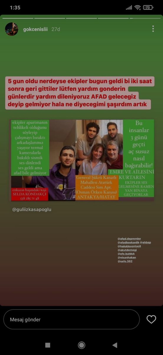 📢❗️❗️❗️SESLERI GELIYOR
Ekip gelmiyormuş hala lütfen YARDIM!!
General Şükrü Kanatlı mahallesi Atatürk caddesi Sim apt. Antakya/HATAY @ahbaphatay <a href="/haluklevent/">Haluk Levent ( Ahbap Ekibi )</a> <a href="/OguzhanUgur/">Oğuzhan Uğur</a> <a href="/AFADBaskanlik/">AFAD</a> <a href="/DepremDairesi/">AFAD Deprem</a>