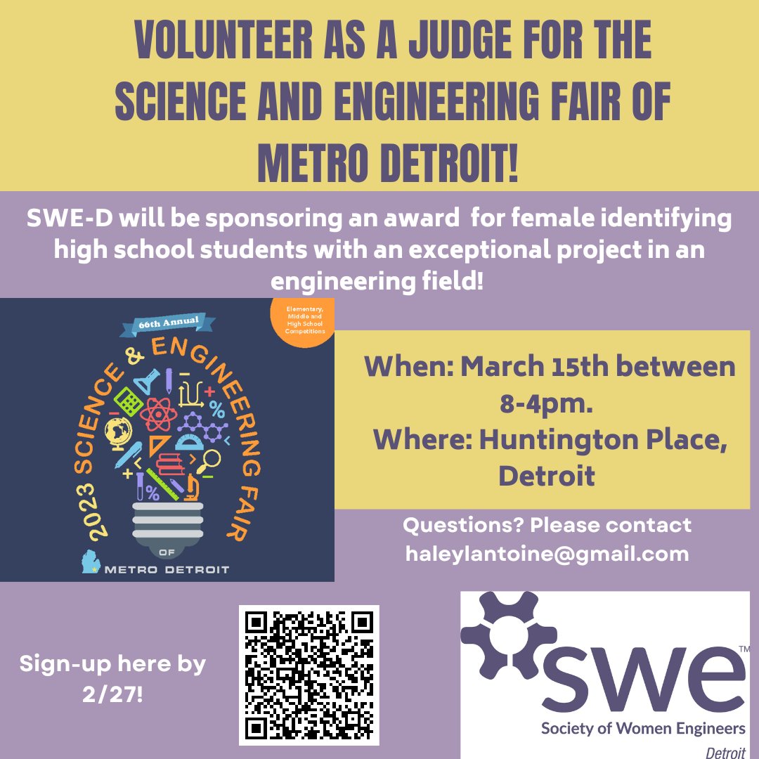 Judges needed for the Science and Engineering Fair of Metro Detroit!

SWE-D will be sponsoring an award for female identifying high school students with an exceptional project in an engineering field 

Sign-up by 2/27 - lnkd.in/gSJj34Sz