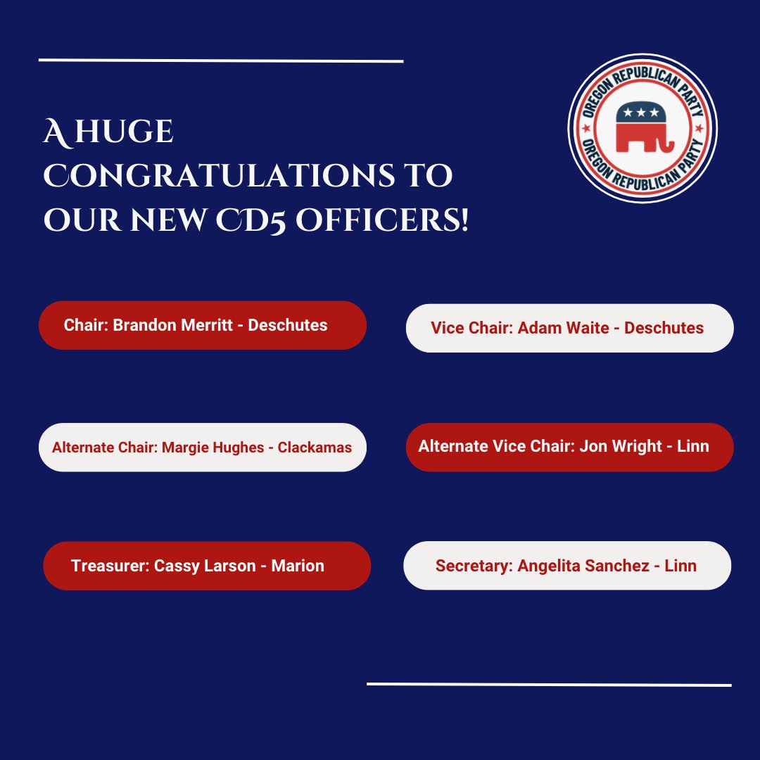 Oregon_GOP's tweet photo. We would like to announce the newly elected CD5 officers!
Please help us in congratulating each and every one of them!
.
.
.
.
#orp #orpol #leadright #republicanparty #conservativevalues #conservativeparty #forgodandcountry #oregonians #oregonfirst #oregonnw #pnw #cd5 https://t.co/Ii8gMVGOgw