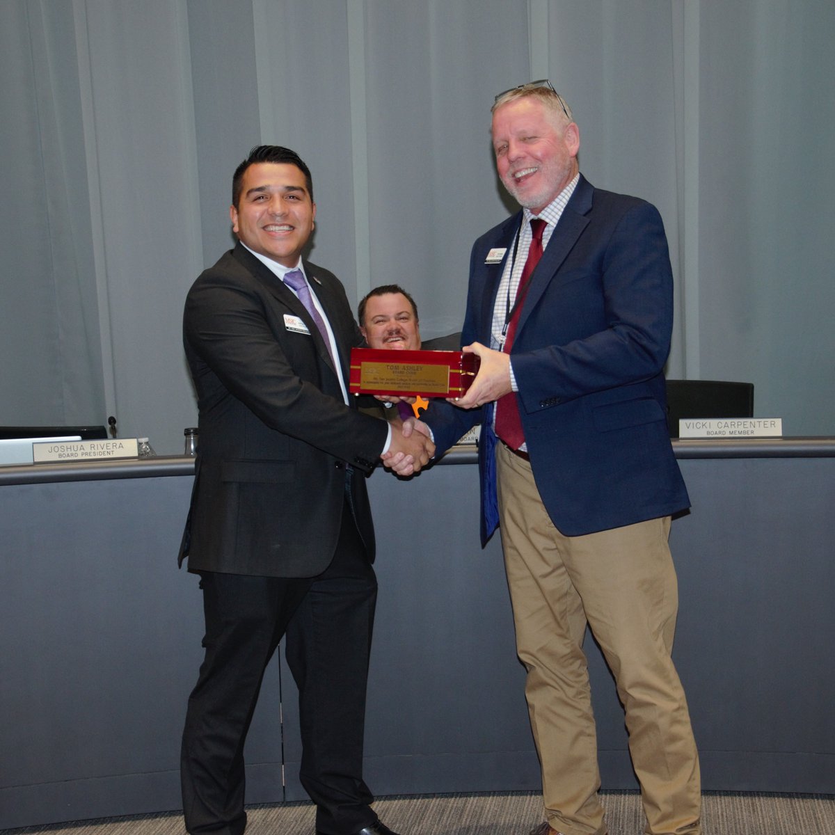At tonight's Board of Trustees meeting, Board President Joshua Rivera thanks Outgoing President Tom Ashley for his leadership, contributions, and commitment to the Mt. San Jacinto College District.