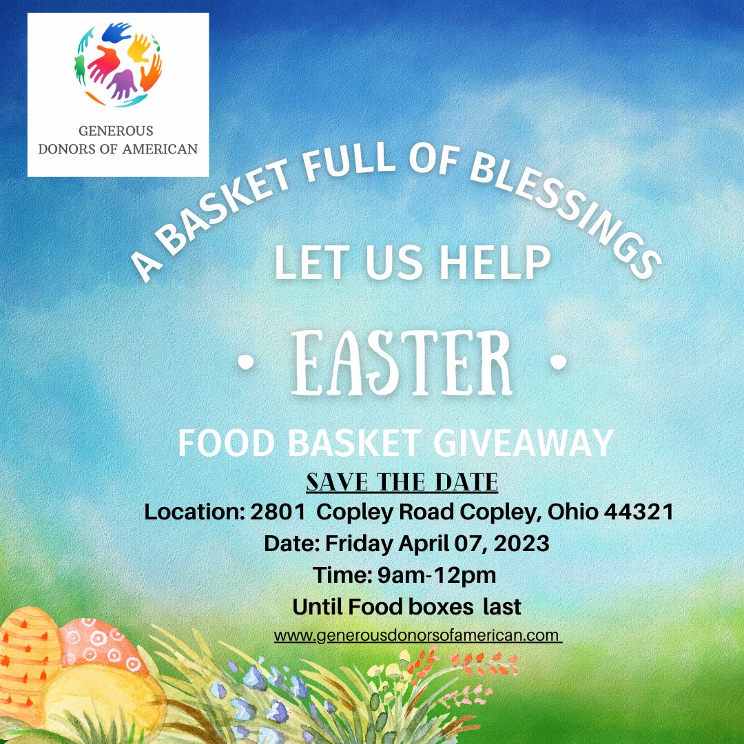 GenerousDonors's tweet photo. Free Easter basket Giveaway..Let us help.. Save the date. #nonprofit #letushelpyou #generousdonorsofamerican #akronohio #copleyohio #seniors #families https://t.co/9KiEeLGI32