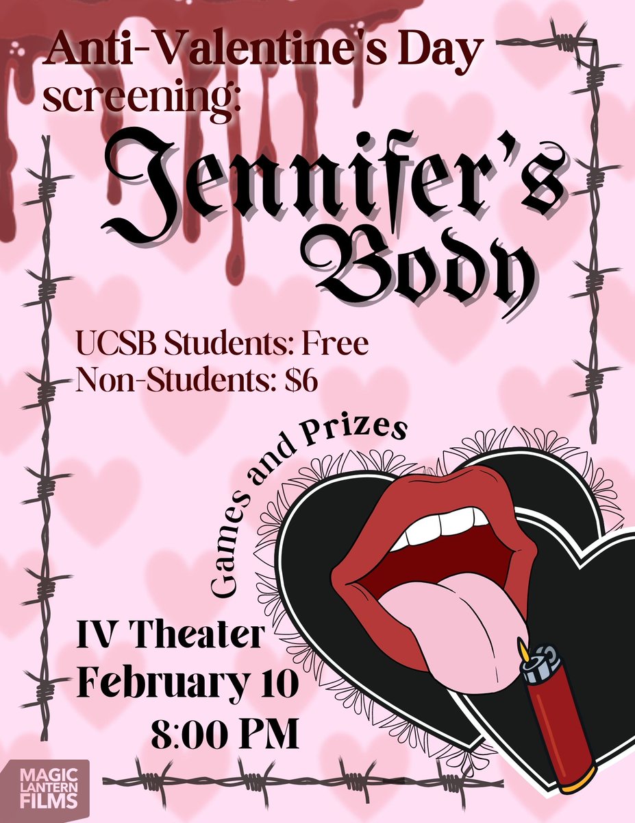 MagicLanternSB's tweet photo. How's the week going so far Gauchos!!!
Our Anti-Valentine's day's screening will be "Jennifer's Body" in IV theater by 8pm this Friday. Whether you're single or not, come join us!!! https://t.co/f9PJAGh7c5