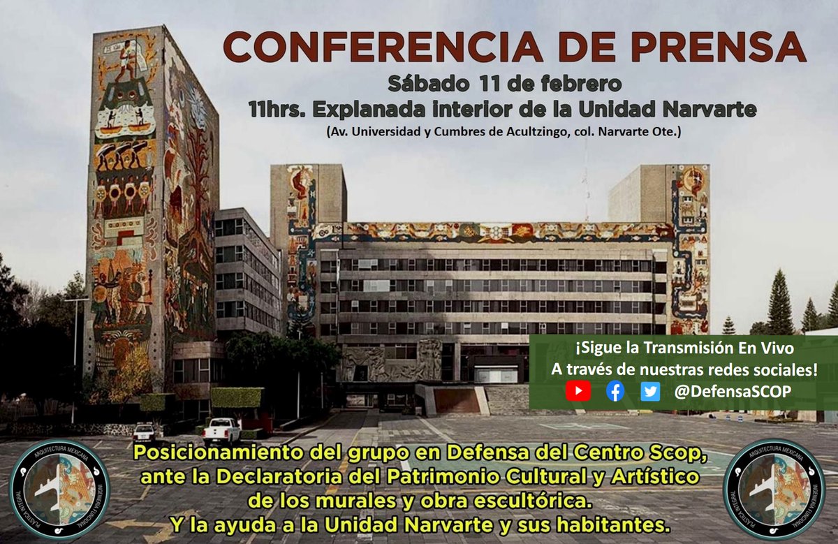 defensaSCOP's tweet photo. Amig@s de los Medios:
Refrendamos nuestra invitación a la conferencia de mañana sobre el "Rescate Patrimonial de los murales, obra arquitectónica y escultórica del #CentroSCOP de la #CDMX  ¡Asiste y entérate de este importante proyecto! #DefensaSCOP https://t.co/lN5EJF1dSR