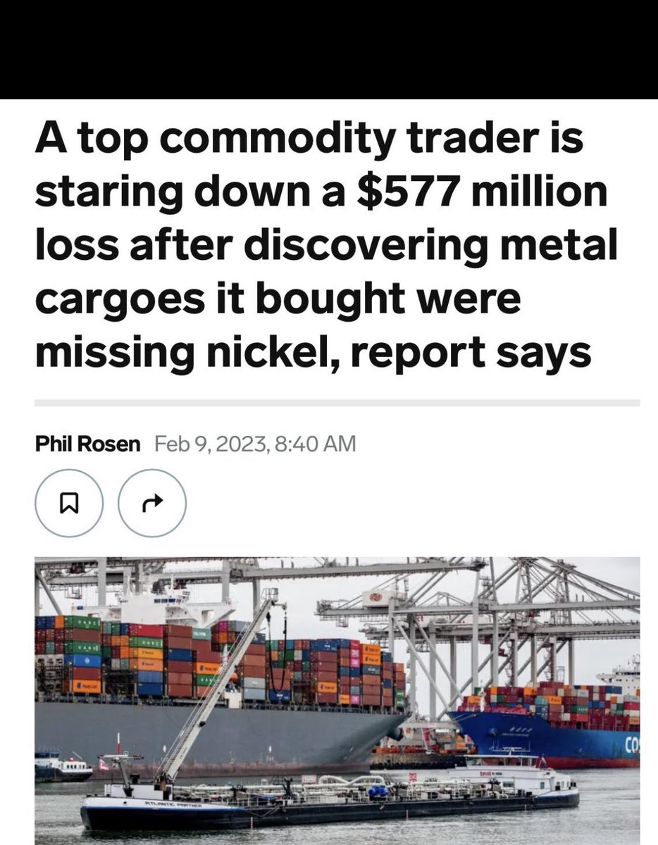 WallStreetMav's tweet photo. The commodities trading giant discovered some of the metal cargoes it bought were missing nickel 🚨

Crazy story https://t.co/cZ6obFNqhF
