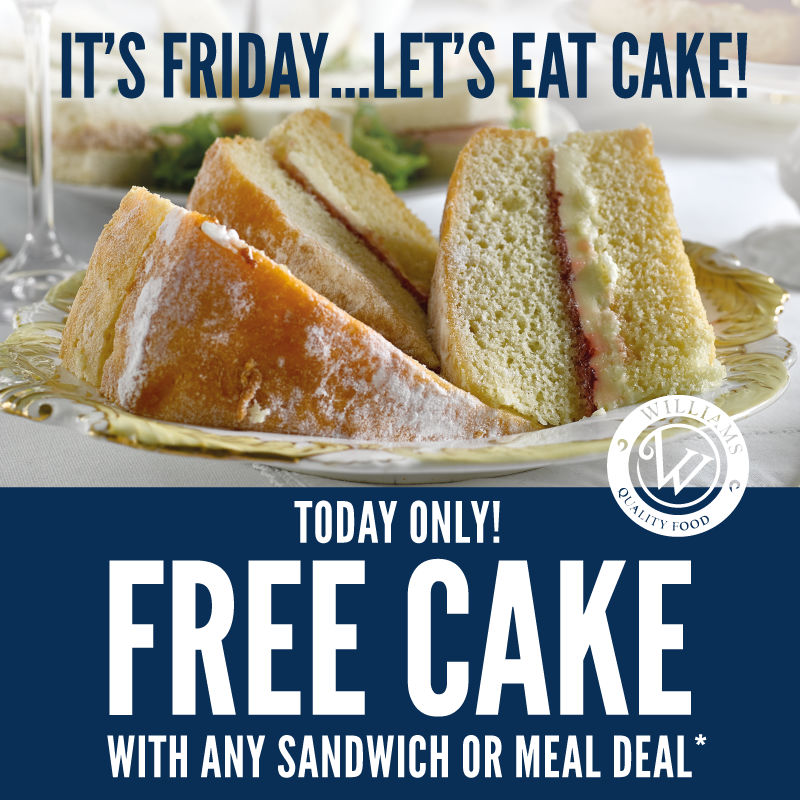 Here’s a yummy little treat from Williams Deli. Get a FREE scrumptious cake with every sandwich or meal deal purchased*. 

*Only available with any sandwich or meal deal. Valid on 10th February 2023. Subject to availability.

#tamesidemarkets #williamsdeli