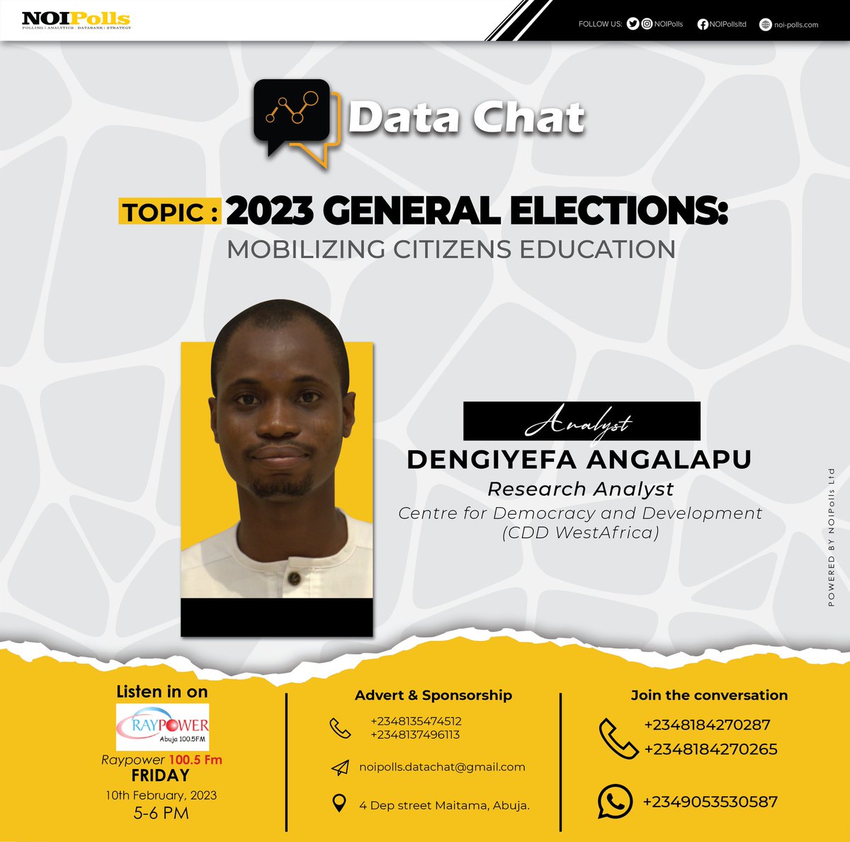 It's today!
Let's have a data chat

#NOIPollsOnDataChat
#NOIPollsVoices
#NigeriaDecides2023 
#CDDEAC