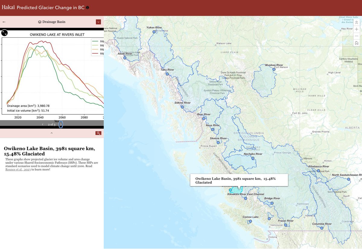 Easily explore the projected loss of #glacier area &amp; volume from watersheds of western Canada. New tool by <a href="/brianmenounos/">Brian</a>, <a href="/mountainmap/">Will McInnes</a>, and @HakaiGeospatial based on recent Science paper by <a href="/DaveRounce/">Dave Rounce</a> et al.
hakai.maps.arcgis.com/apps/instant/a…
science.org/doi/10.1126/sc…