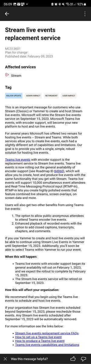 Worrelpa's tweet photo. #MicrosoftStream live events cutoff date announced.
Time to switch to running live events through #Microsoftteams https://t.co/Fot9NH8WIp