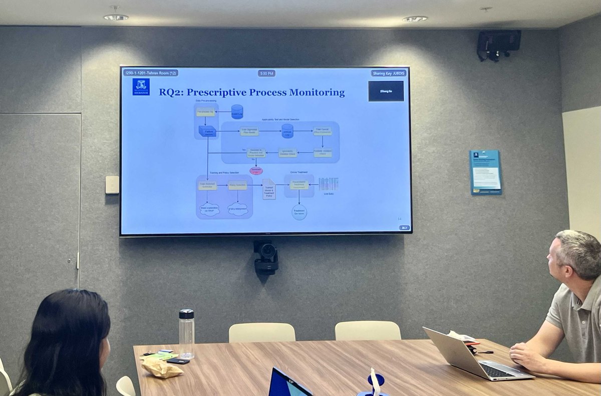 It’s a pleasure to have <a href="/zahradb14/">Zahra D. Bozorgi</a> (scholar.google.com/citations?user…) present her Ph.D. project about “prescriptive analytics for business processes” covering two completed research questions and the current research plan. #ProcessMining #CausalityMining #PrescriptiveProcessMonitoring