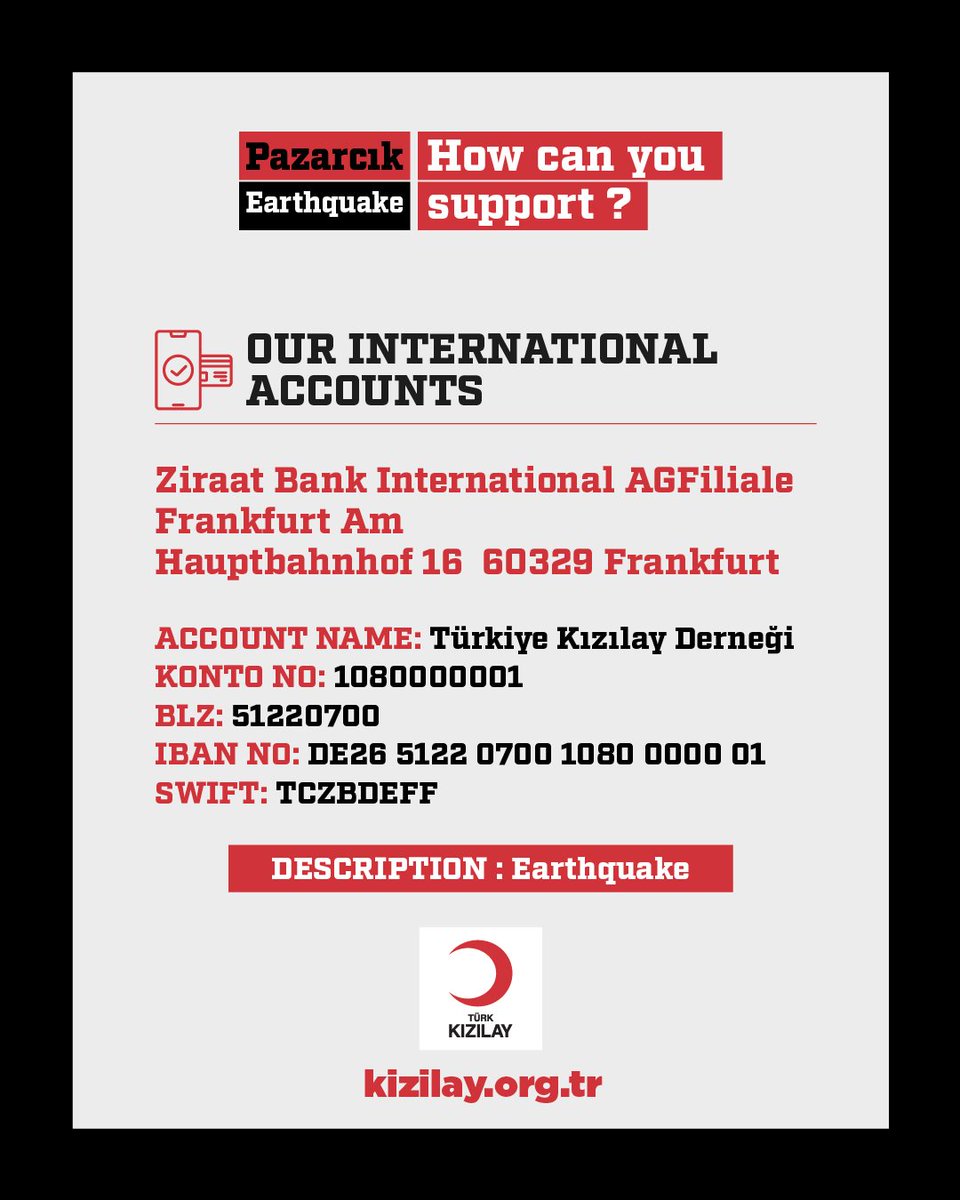 RedCrescent's tweet photo. 🟥 Since the earthquake;

 ❝How can I help?❞,
 ❝How can I donate?❞

Here are our bank details to answer all these questions:🔻 https://t.co/z0pm8pAarV