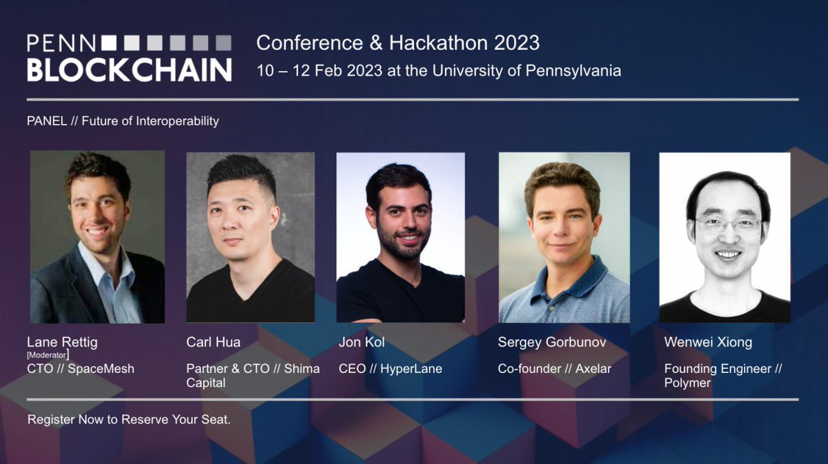 Near Philly? Come check out @PennBlockchain’s The Future of Interoperability with @wenwei_0x @PolymerDAO, @carlhua @shimacapital, @sergey_nog @axelarcore, @thePalenimbus @Hyperlane_xyz, moderated by @lrettig @SpaceMesh

11:15am ET 2/11 Saturday at Harrison Hall @UofPenn