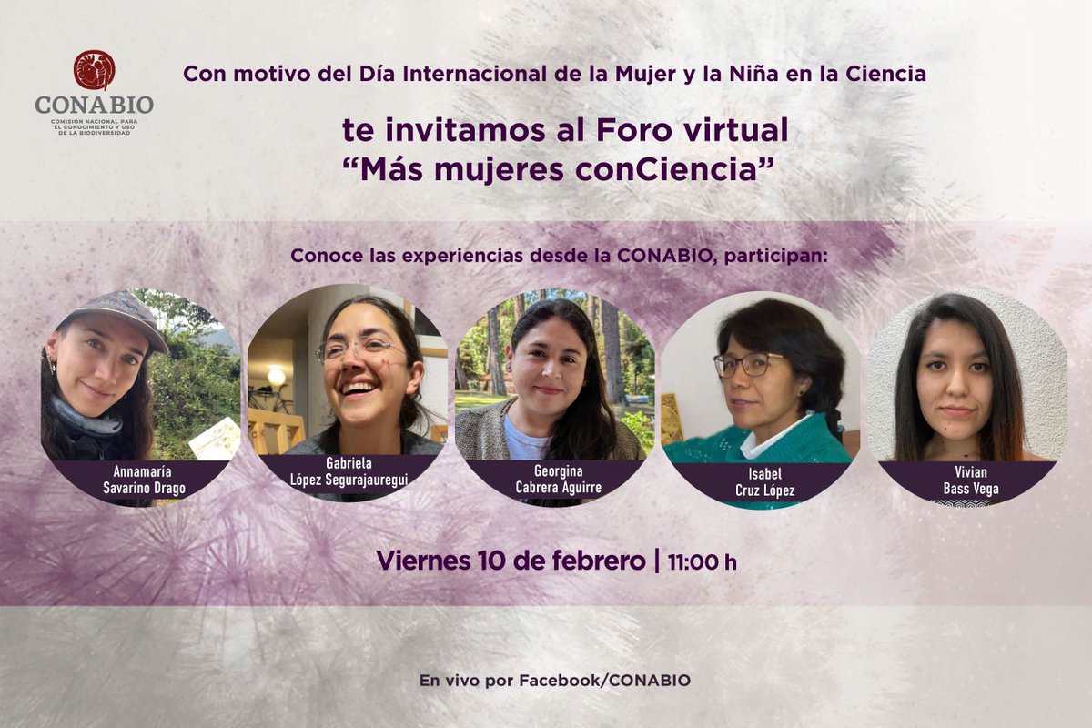 CONABIO's tweet photo. Con motivo del Día Internacional de la Mujer y la Niña en la Ciencia te invitamos al foro virtual "Más mujeres conCiencia" 
Conoce las experiencias de varias mujeres de la CONABIO.

Viernes 10 de febrero a las 11:00 hrs. 
En vivo por FacebookLive https://t.co/5bp0uy6gqw