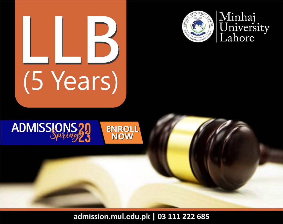 ADMISSIONS OPEN SPRING 2023
LLB
School of Law
For more details: 
mul.edu.pk/admissions-ope…
Apply Online:
admission.mul.edu.pk
#AdmissionsOpenSpring2023
#AdmissionsSpring2023
#AdmissionsOpen2023
#Admissions2023
#2023Admissions 
#AdmissionsOpen
#UniversityAdmissions