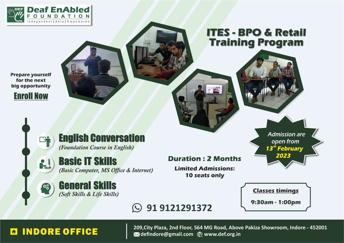 deafenabled's tweet photo. From improving your English language skills to upgrading your IT skills, DEF Skills offers you the best vocational training to get you great job opportunities. Join at the earliest!
#deafenabledfoundation #defskills #improve #join #training https://t.co/QHHLIedfLL