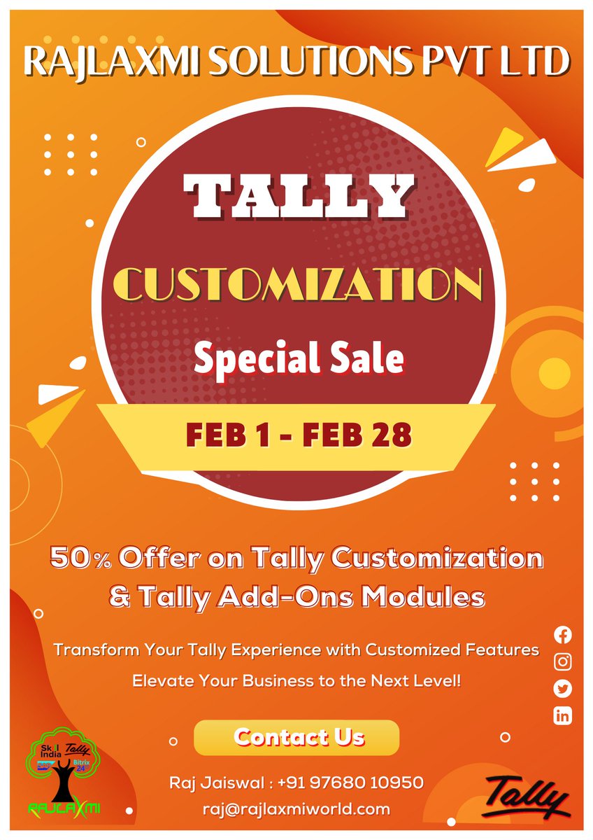 rajlaxmiworld's tweet photo. π© Tally Customization Special Sale
π From Feb 1 - Feb 28
π¨ Get 50% Off on Tally Customization and Tally Addons
#TallyAddonOffer #TallyAddon #TallyCustomization #FYEnd #FinancialYearEndSale #TallyCustomizationOffer #TallyOffer #OfferSale #RSPL #TallyPrime #Support #Sale https://t.co/8NHWmad2Z7