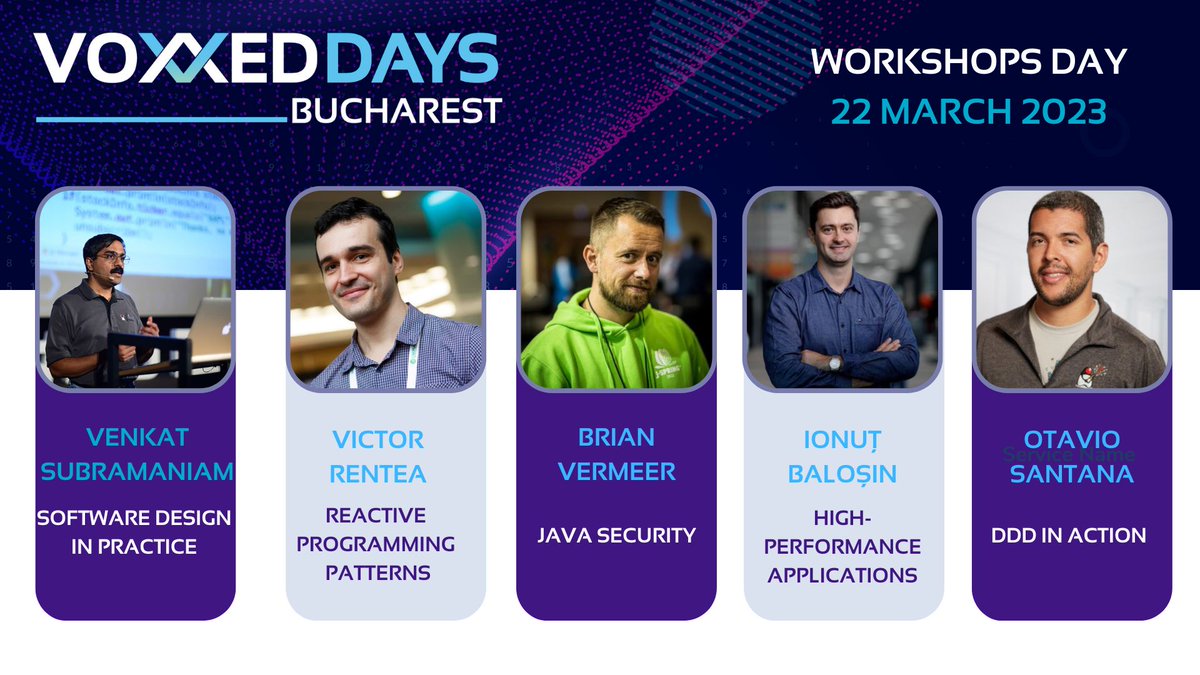 otaviojava's tweet image. 📕 Move your career to the next level
#Software Design, #reactive programming, #security high #performance, #DDD and lot of #Java with five full-days workshops in a single place. Join us @VoxxedBucharest 

@venkat_s @BrianVerm @ionutbalosin @VictorRentea 

romania.voxxeddays.com/voxxed-days-bu…
