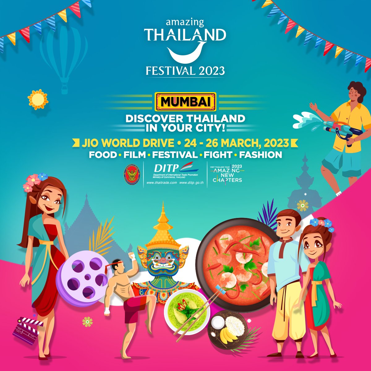tat_india's tweet photo. The ultimate Thai experience is coming to MUMBAI! 🥳✨
Visit the Amazing Thai Festival at Jio Drive from 24 – 26 March, 2023 and experience a world of food 🍜, film 🎥, festival 🎊, fight 🤼 and fashion 👗👠! 

#ThailandStreetFestival #Mumbai #JioWorldDrive #BookYourDates https://t.co/0fXfIORXvt