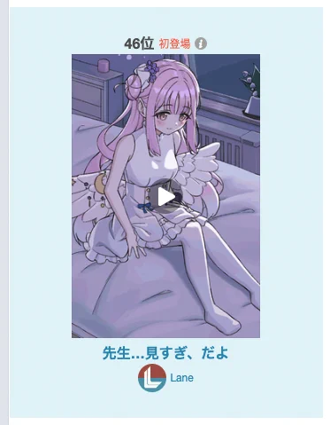 Pixivのうごくイラストデイリーランキングに入ったそうな、うれしまあ競争率の低さゆえだけど 