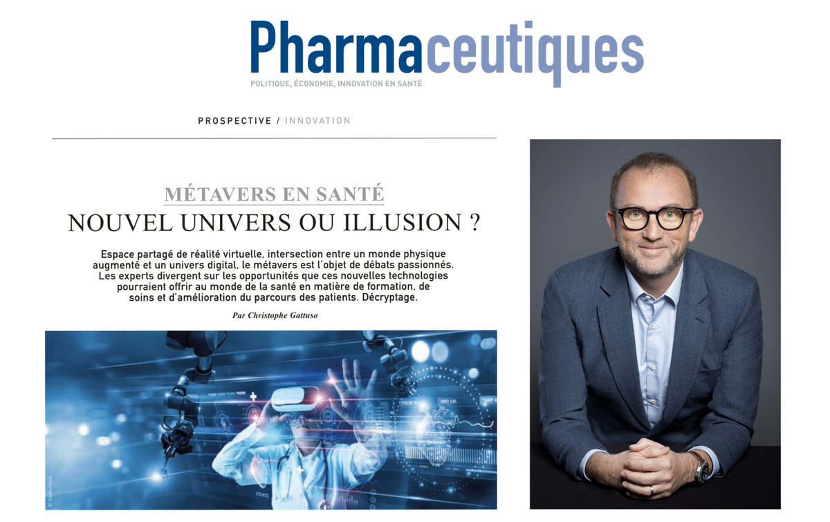 #VendrediLecture : Merci à @Pharmaceutiques pour cette interview " #Metavers en santé : Nouvel univers ou illusion ?" 

Dans l'article de <a href="/chrisgattuso/">Christophe GATTUSO</a>, j'ai pu partager ma vision sur le potentiel du metavers et ses usages en santé 

👉 bit.ly/3xaAXAj #hcsmeufr #Esanté