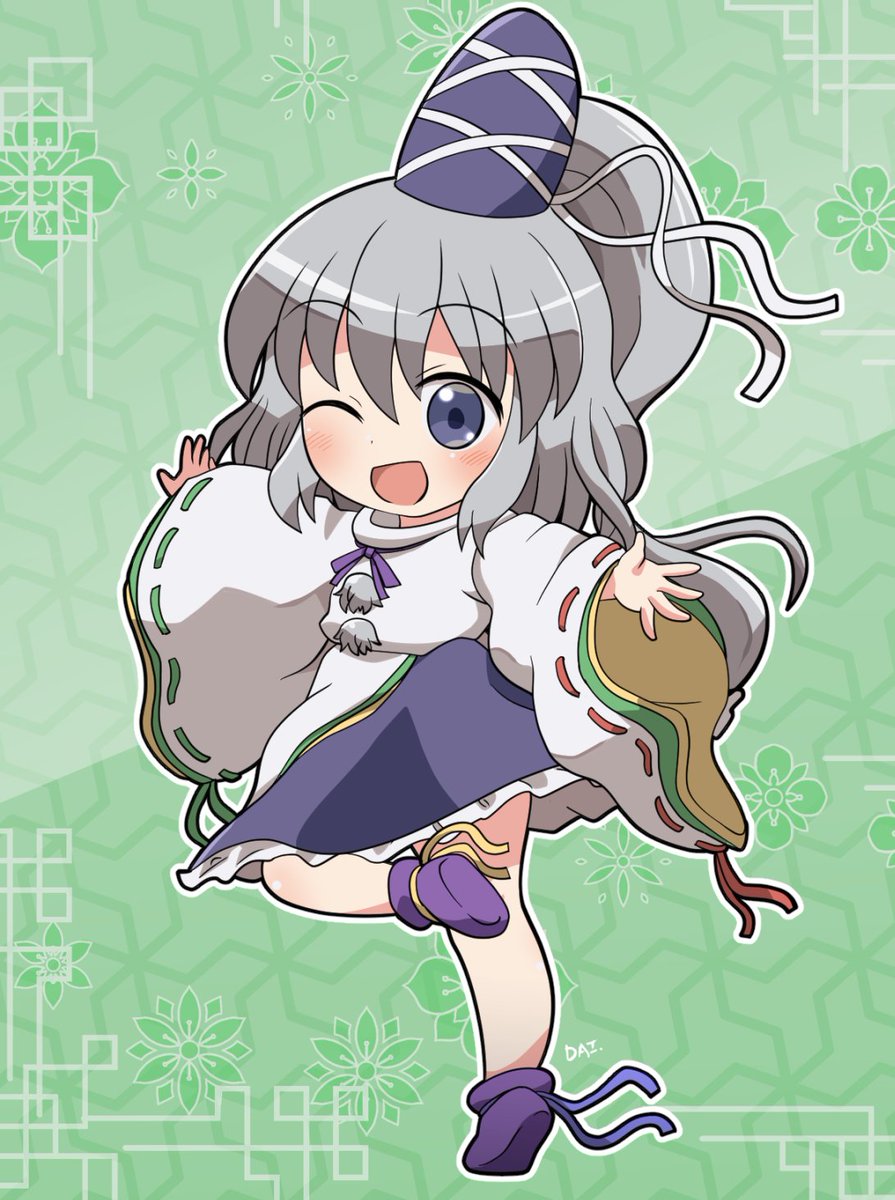 mononobe no futo 1girl hat solo grey hair one eye closed ribbon-trimmed sleeves ribbon trim  illustration images