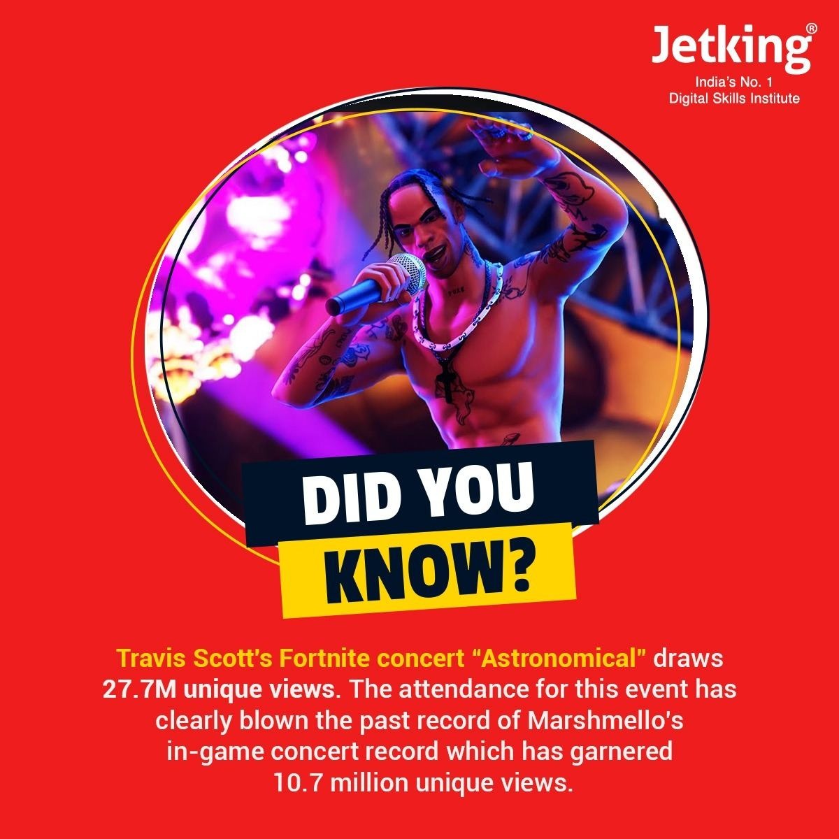 The first-ever Virtual Concert in 2020!

#DidYouKnow #Metaverse #Jetking #Fortnite #InterestingFacts #AgumentedReality #TravisScott #NFTs #NFTCollection #web3 #web3community #Web3gaming #VR #technology #tech