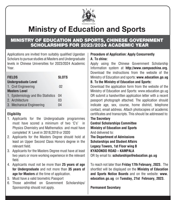 Educ_SportsUg's tweet image. #EducUg | SCHOLARSHIP
MoES through the Chinese government, is offering scholarships in Masters and Undergraduate levels for AY 2023/24.

All suitable candidates are encouraged to apply.