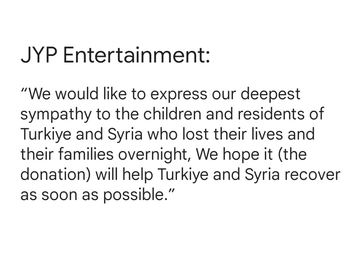 TwiceTeamTurkey's tweet photo. [230210] 

World Vision, JYP'nin Türkiye ve Suriye'deki depremler için 500 milyon won (7.449.031,55 Türk lirası) bağışladığını açıkladı! 

Çokça teşekkürlerimizi sunuyoruz🙏🏻😭

📎https://t.co/dsMzbN9Ptk
#TWICE #트와이스 @JYPETWICE https://t.co/EOwrdwcG3a