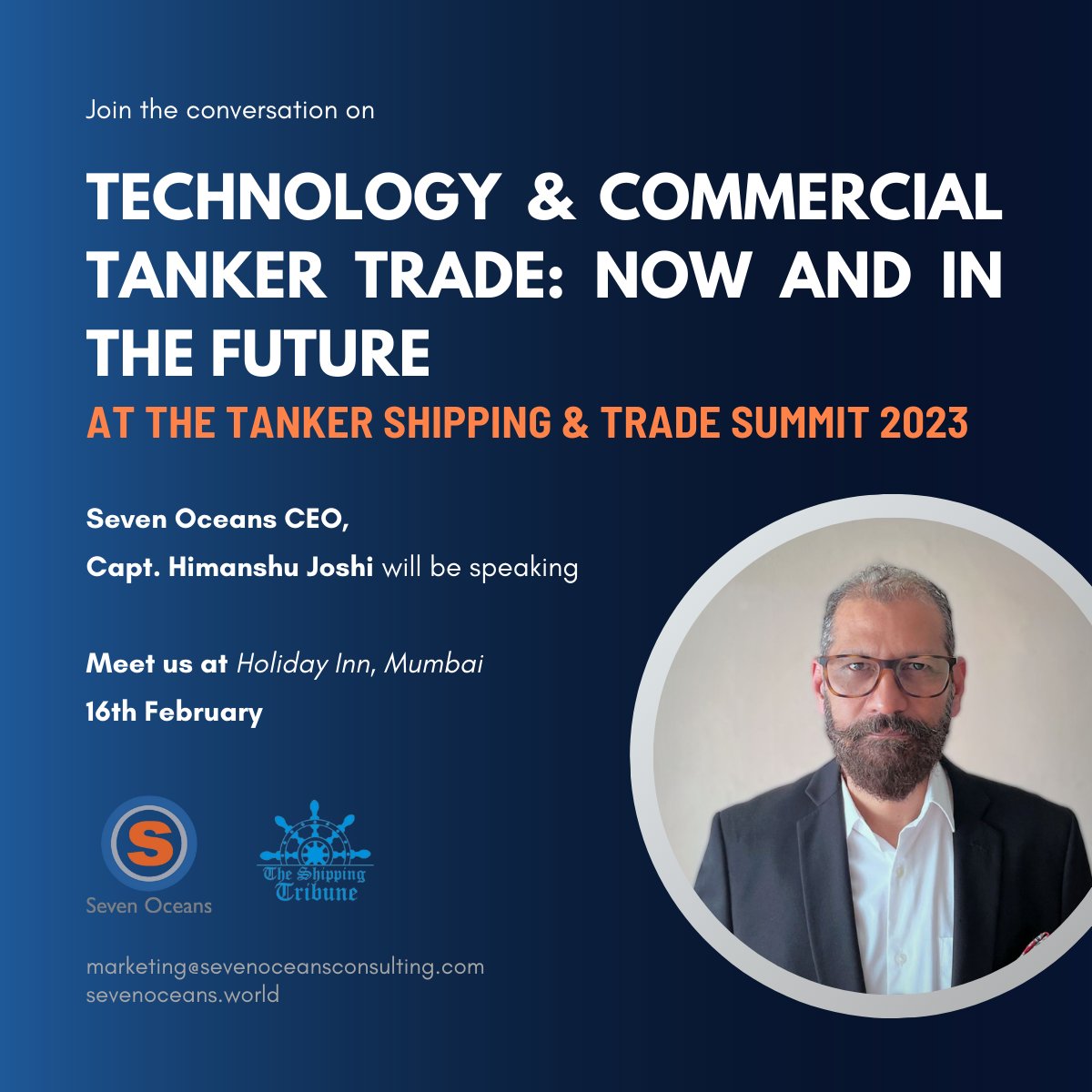 7OceansGenesis's tweet photo. Join us at TANCO 2023 and discover the world's most innovative solutions for commercial shipping! Our CEO, Capt Himanshu Joshi will be speaking on Technolgy &amp; Commercial Tanker Trade: Now And In The Future. See you there!
@shippingtribune #tankers #shipping #maritime #tankertrade https://t.co/OkJs5Ys9tz
