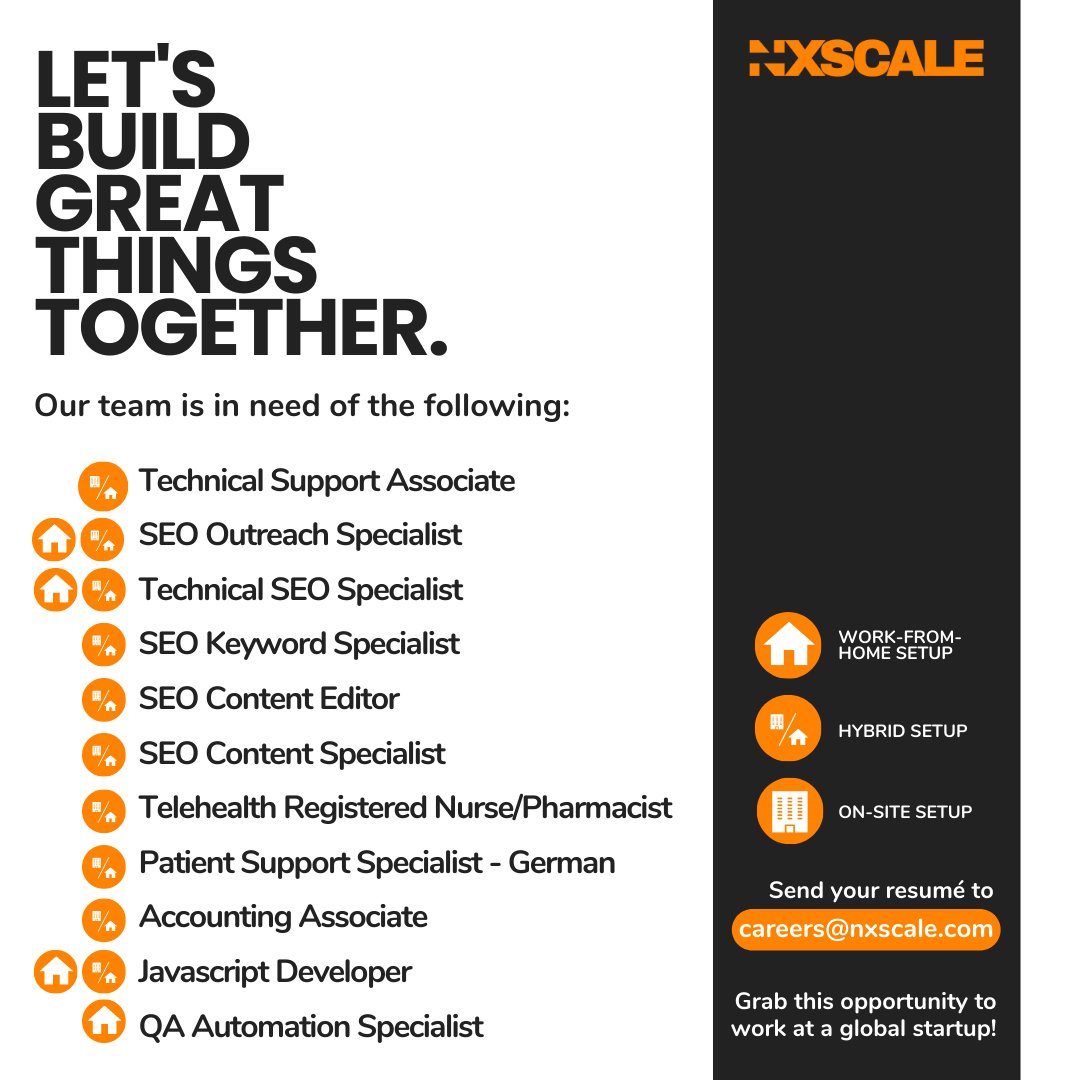 nxscale's tweet photo. nXscale is looking for nXplorers with experience, passion, and the right credentials for open roles in hybrid and work-from-home setups. If this resonates with you, check the details here: https://t.co/LQxXfB1co4

#StartFastScaleSmart #hiringph #werehiring #recruitment #startup https://t.co/Dr6fWr5RP7