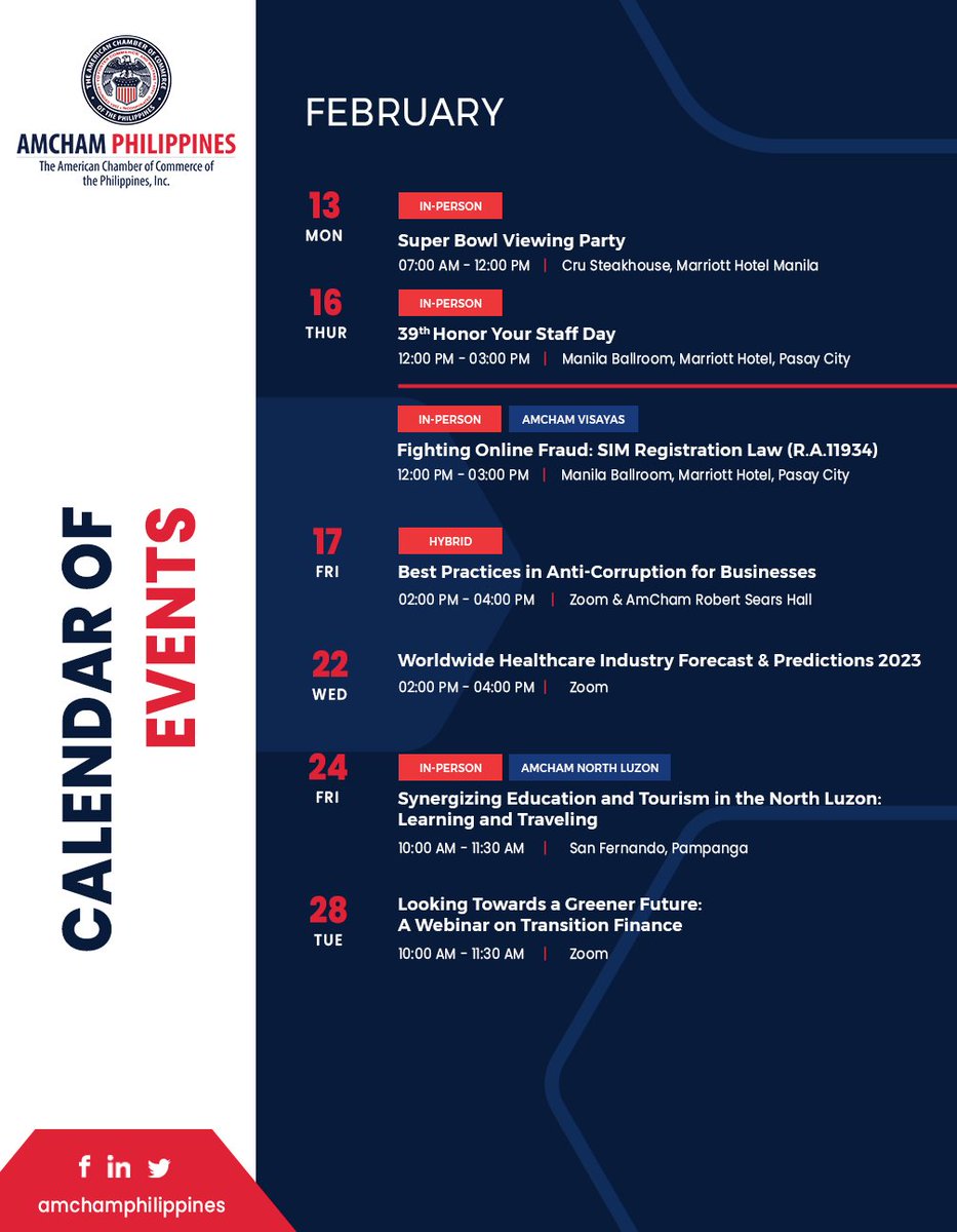 AmChamPH's tweet photo. Here's our lineup of upcoming events. Register now.
For more information, visit our website: https://t.co/vZSMIL2pea
#AmChamPhilippines #AmChamEvents https://t.co/smccyNkWLL
