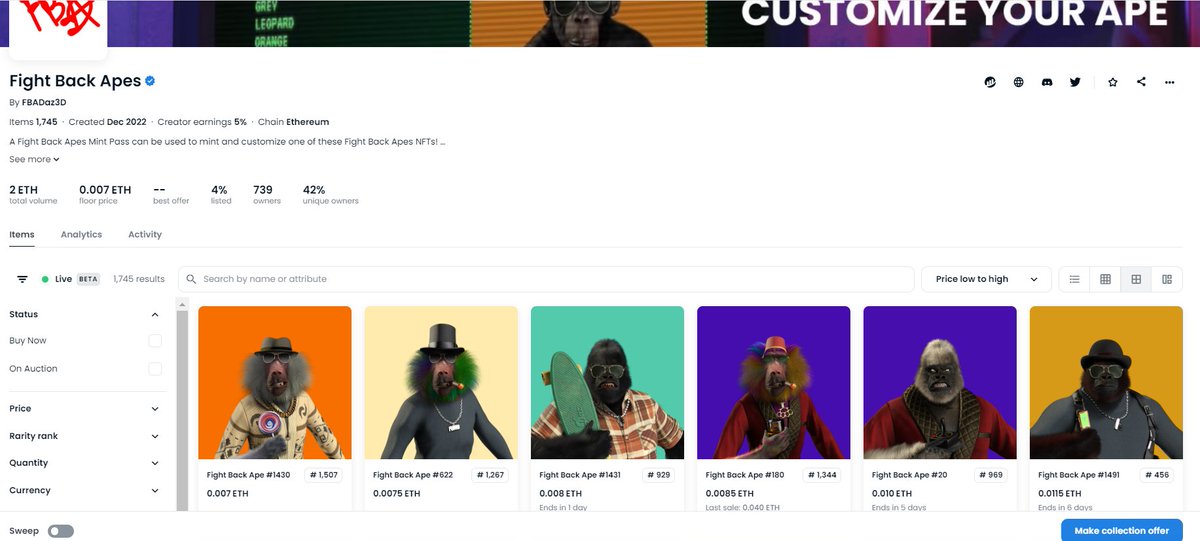 TheFoodMage's tweet photo. It has been 3 weeks since the sale of a #FightBackApes NFT
Can't even sell it for ten bucks (0.007 ETH) that's crazy for a major flagship collection
Total volume under 2ETH
Man, that feels bad. Better luck next time.
Oh wait
Daz's Game of Thrones NFT is doing nearly just as bad https://t.co/cF07RJbQw5