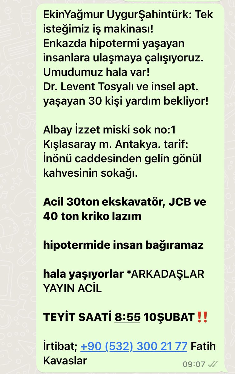 eyagmuruygur's tweet photo. Tek isteğimiz iş makinası! 
Enkazda hipotermi yaşayan insanlara ulaşmaya çalışıyoruz. Umudumuz hala var! 
Dr. Levent Tosyalı ve insel apt. yaşayan 30 kişi yardım bekliyor!
30ton ekskavatör, JCB ve 40 ton kriko gerekli.
@BabalaTv @haluklevent @tarkan @ZaferArapkirli @cemyilmazvip https://t.co/gB506wvkVV