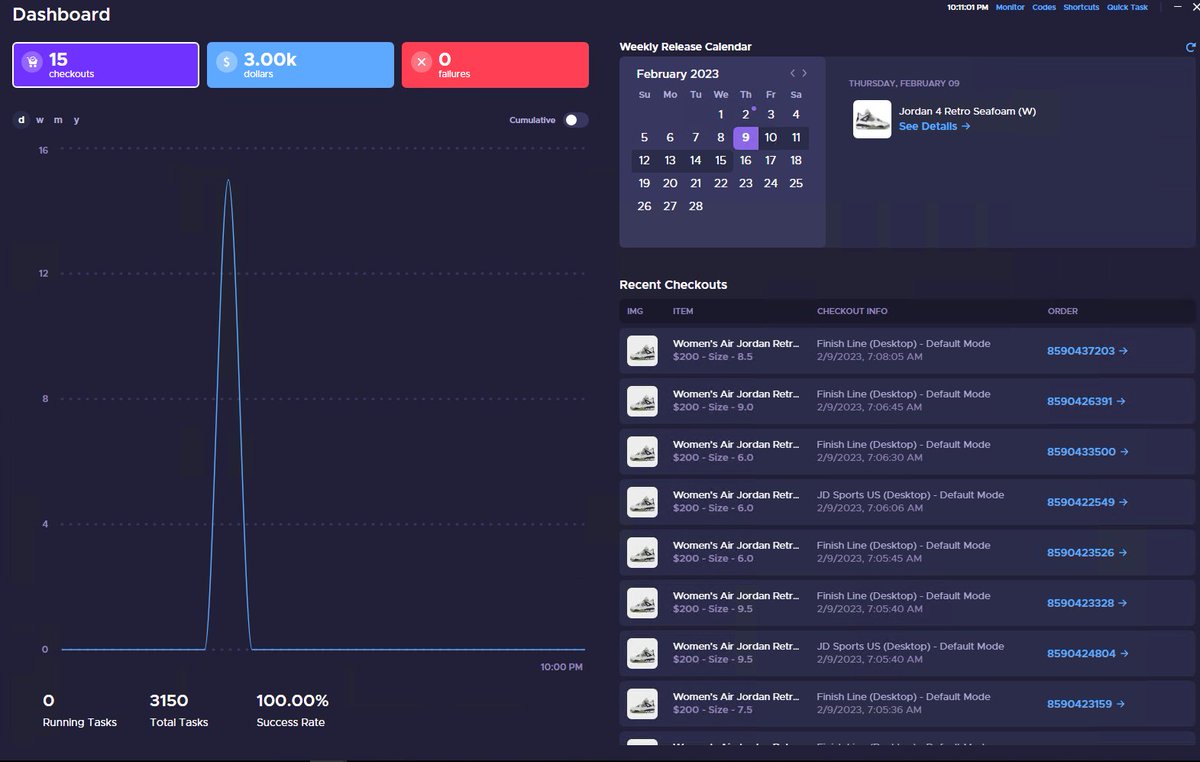 Crawfish8888's tweet photo. Bot:@PrismAIO 
CG:@AMNotify 
23 checkouts on Shoepalace with shopify automation. 15/17 checkouts on JD/FNL with automation as well. Salute to the best automation🥳🥳Enjoy your day and let prism do the job https://t.co/lAa0ydkNoQ