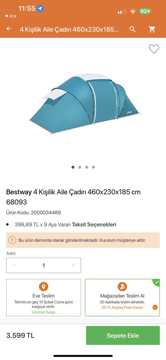Koçtaş sitesinden mağaza teslim alarak çadır alabilirsiniz. 30 dk içinde teslim seçmeyi unutmayın. İstanbul, Ankara, İzmir, Konya, Kocaeli gibi büyük şehirlerde stok görünüyor #afad #ahbab #depremhatay