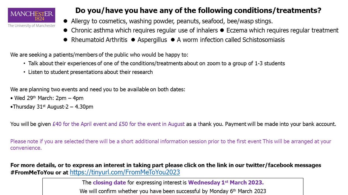 Do you have an allergy to cosmetics, washing powder, peanuts, seafood or bee/wasp stings? If you be willing to talk to 1-3 Masters level Immunology students on zoom about your experiences of this please See tinyurl.com/FromMeToYou2023 for more information and to apply. #FromMeToYou